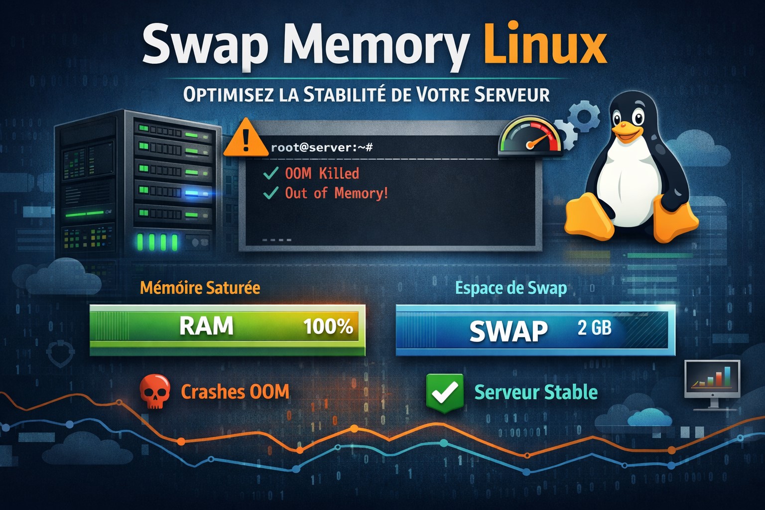 Illustration de la gestion de la mémoire Linux montrant la relation entre RAM et swap pour optimiser les performances serveur