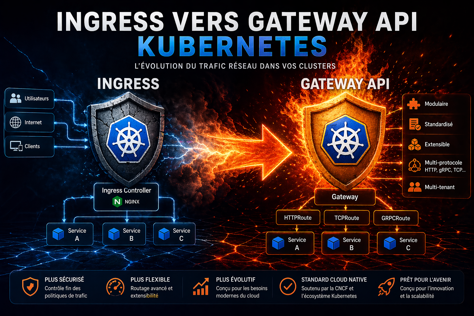 Diagramme comparatif entre Kubernetes Ingress et Gateway API montrant le routage du trafic, les services Kubernetes et l’architecture réseau cloud native.