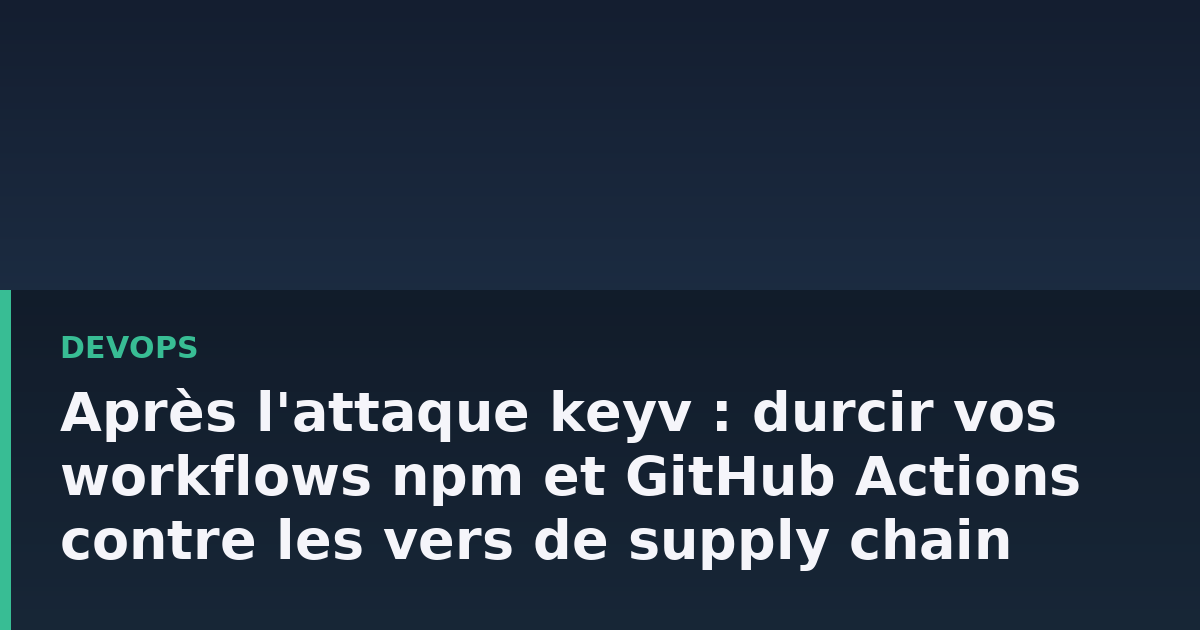 Représentation abstraite d'un pipeline CI/CD compromis : maillons de chaîne dont un est corrompu, sur fond de terminal.